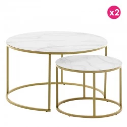Ensemble de 2 tables basse ronde 80 et 50 Verre blanc et acier doré KosyForm
