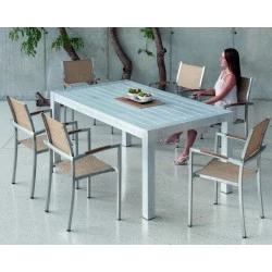 Set tavolo da pranzo e 6 poltrone Camelia alluminio naturale con tessuti in paglia tessile