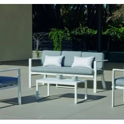 Gartenmöbel Sofa Azoren-8 Weißes Finish Hellgraue Stoffe 5 Plätze Hevea