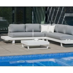 Corner garden furniture Menfis-7 Aluminuim White Light Grey Fabrics 4 to 6 places Hevea