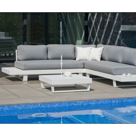 Mobili da giardino angolari Menfis-7 Aluminuim Bianco Grigio Chiaro Tessuti 4 a 6 posti Hevea
