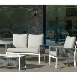 Salon de jardin Havana -7 Aluminium Blanc Cordage Gris 4 places Hevea