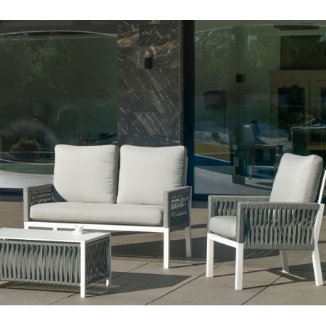 Mobili da giardino Geneva-7 Alluminio Bianco Grigio chiaro tessuti 4 posti Hevea