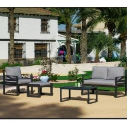 Salon de jardin Piave-7 Aluminium Anthracite et tissus gris foncé 4 places Hevea