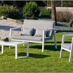 Salon de jardin Agata-7 Aluminium Blanc et tissus gris clair 5 places Hevea